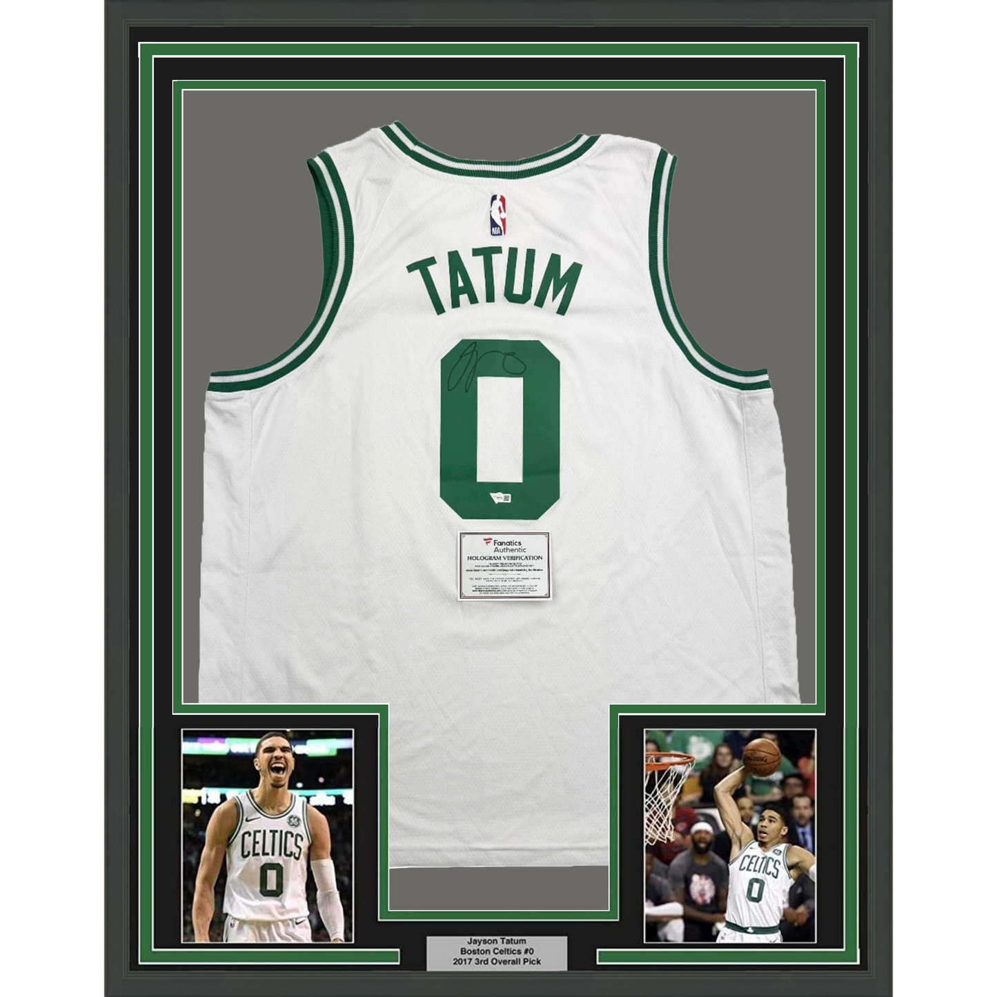Framed Autographed/Signed Jayson Tatum 35x39 Boston Celtics White Basketball Jersey Fanatics COA