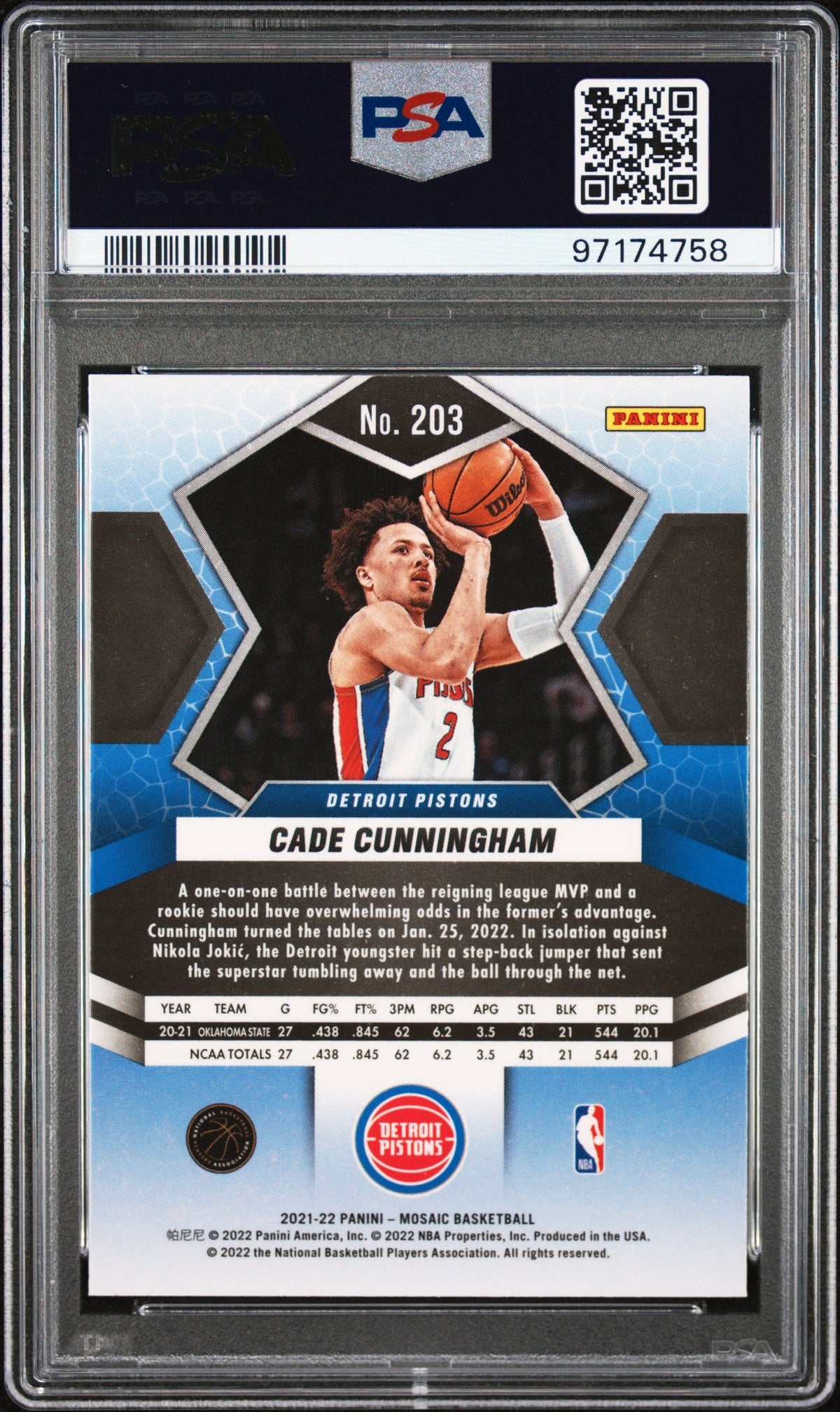 Graded 2021 Panini Mosaic Cade Cunningham #203 Rookie RC Basketball Card PSA 10 Gem Mint