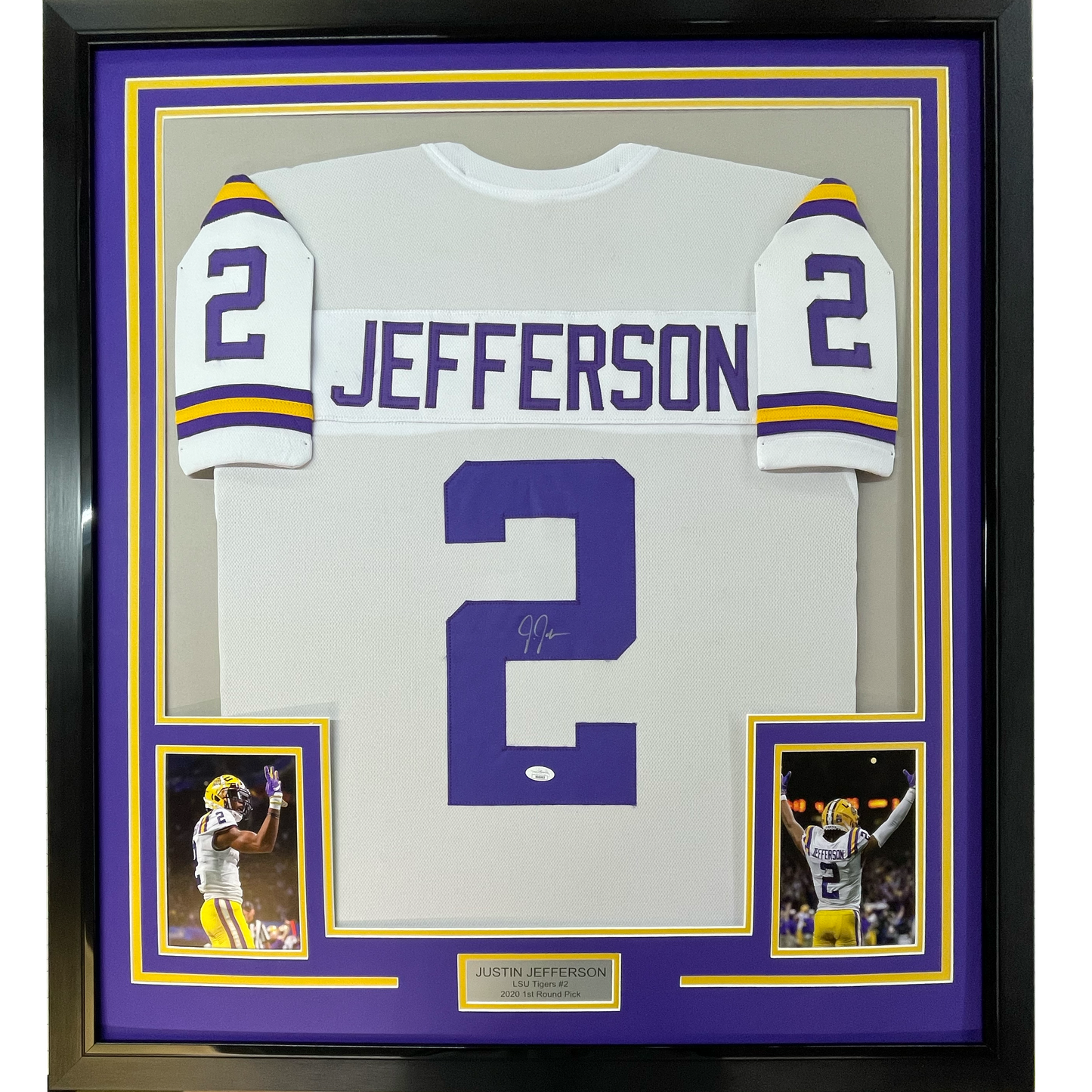 Framed Autographed/Signed Justin Jefferson 35x39 LSU White College Football Jersey JSA COA
