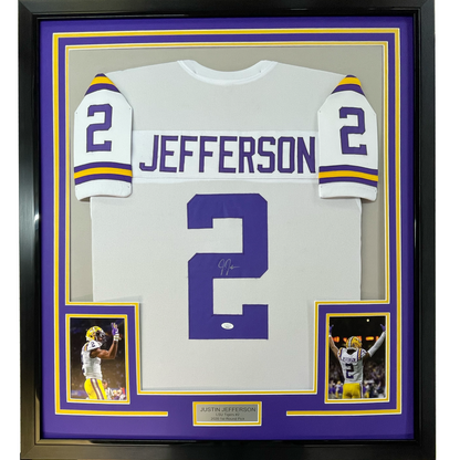 Framed Autographed/Signed Justin Jefferson 35x39 LSU White College Football Jersey JSA COA