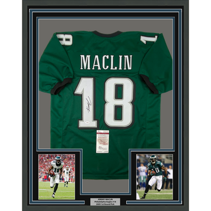 Framed Autographed/Signed Jeremy Maclin 35x39 Philadelphia Green Football Jersey JSA COA