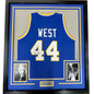 Framed Autographed/Signed Jerry West 35x39 West Virginia Blue College Basketball Jersey JSA COA
