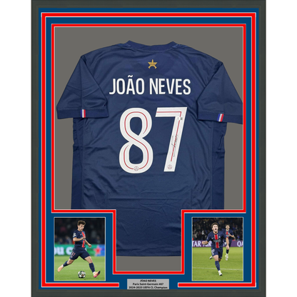 Framed Autographed/Signed Joao Neves 35x39 PSG Paris Saint Germain Blue Soccer Futbol Jersey Beckett BAS COA