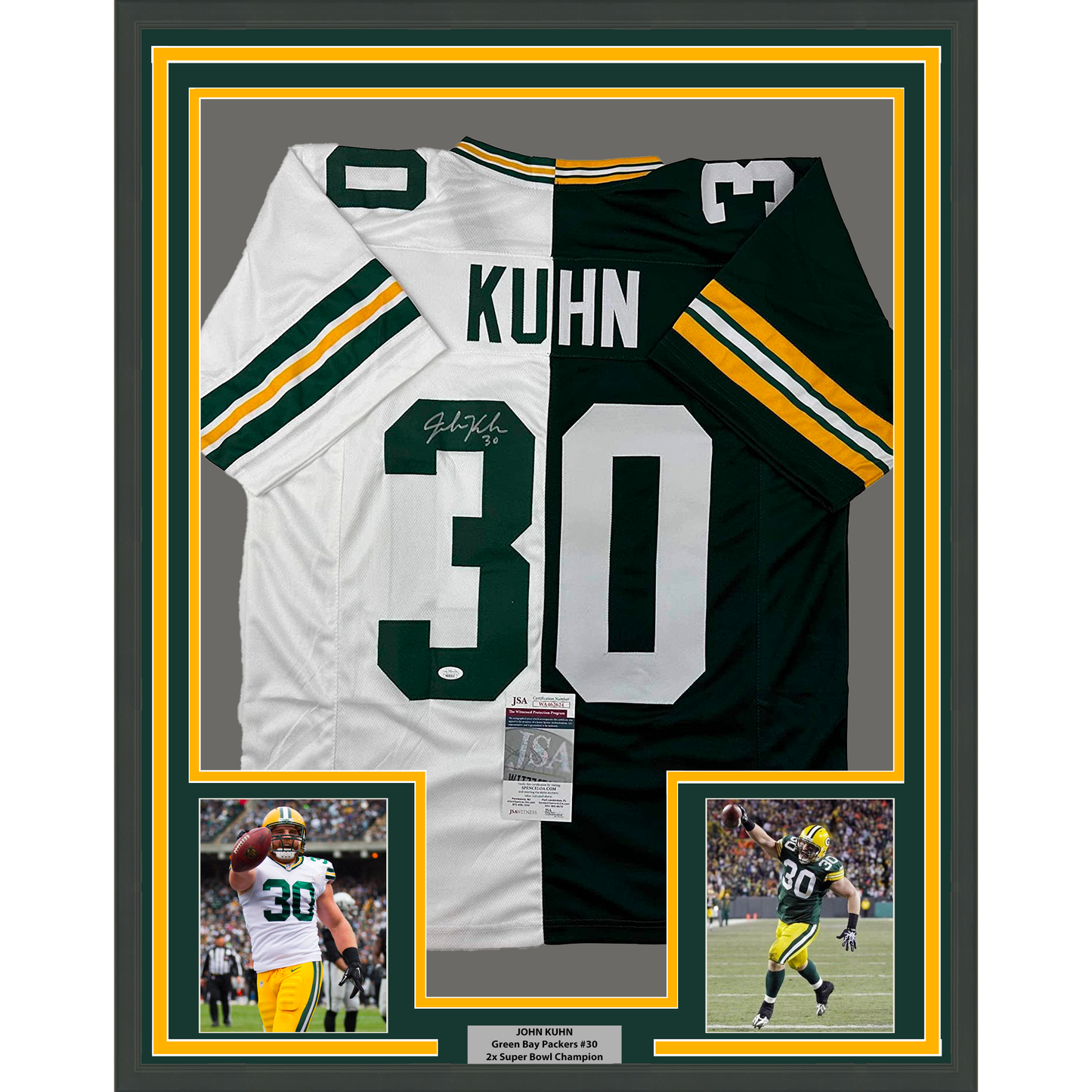 Framed Autographed/Signed John Kuhn 35x39 Green Bay Split Green/White Football Jersey JSA COA