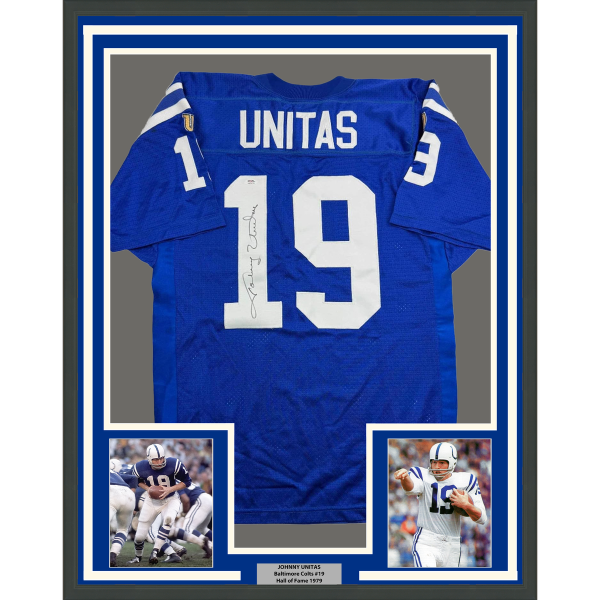 Framed Autographed/Signed Johnny Unitas 35x39 Indianapolis Blue Football Jersey PSA COA