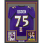 Framed Autographed/Signed Jonathan Ogden 35x39 HOF 13 Baltimore Purple Football Jersey JSA COA