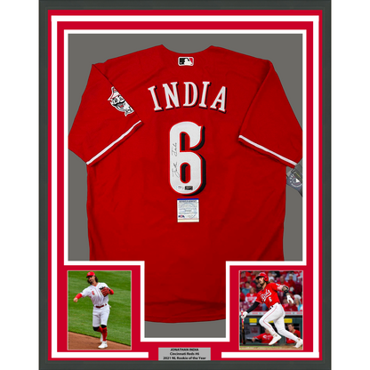 Framed Autographed/Signed Jonathan India 35x39 Cincinnati Red Baseball Jersey JSA COA