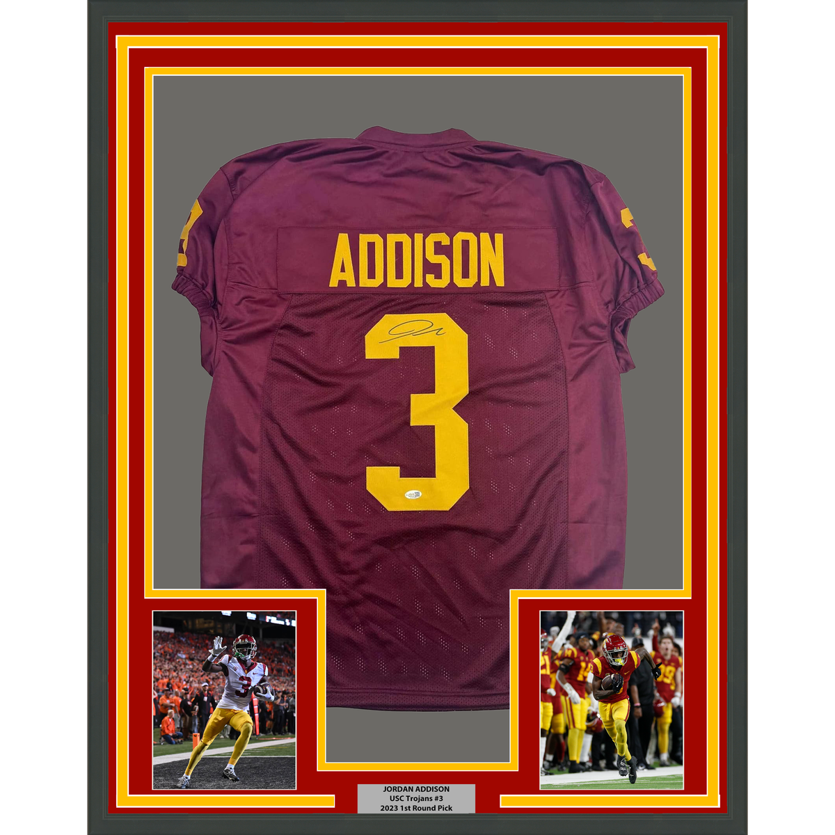 Framed Autographed/Signed Jordan Addison 35x39 USC Southern Cal Red College Football Jersey JSA COA