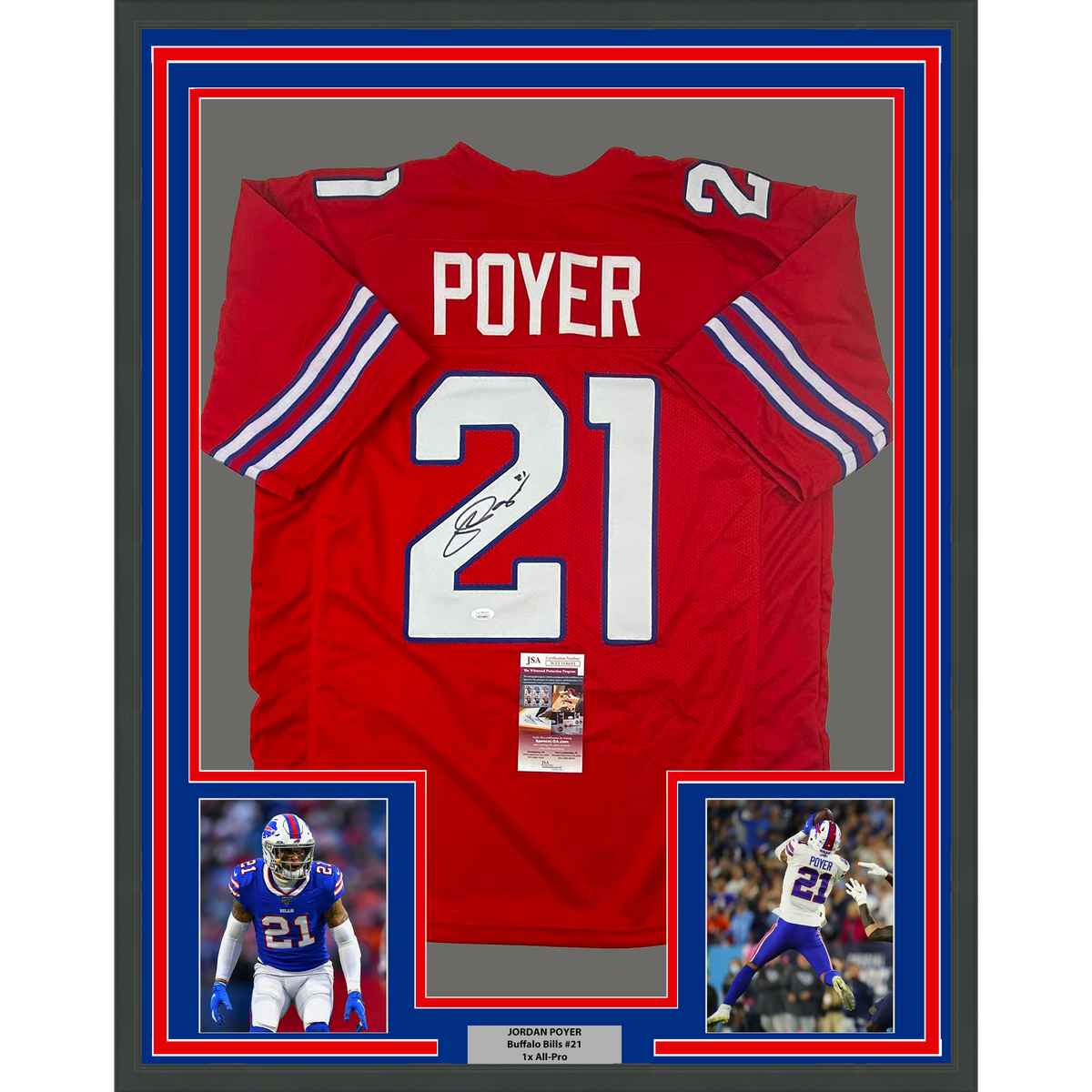 Framed Autographed/Signed Jordan Poyer 35x39 Buffalo Red Football Jersey JSA COA