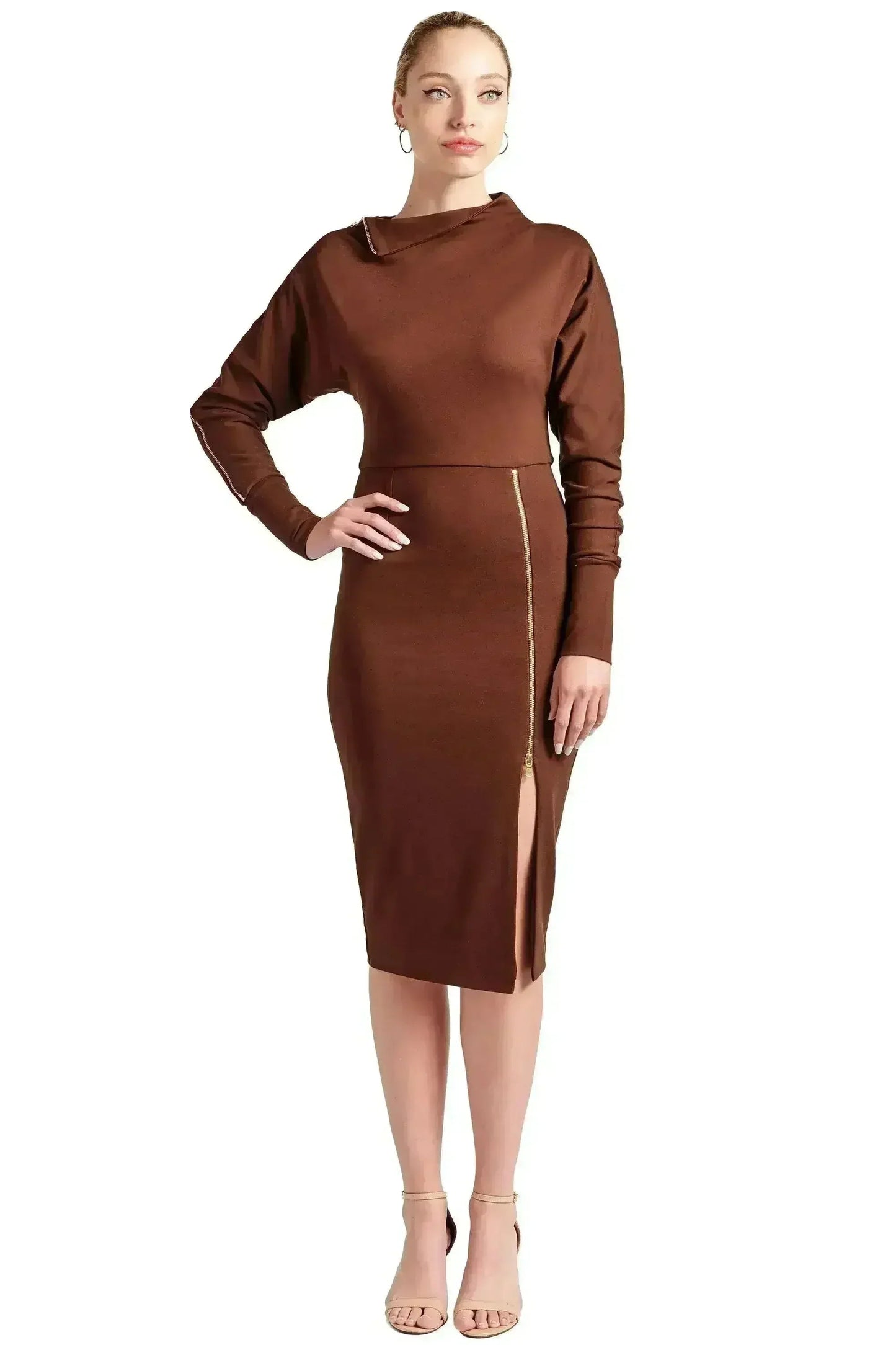 Josefa Asymmetric Convertible Midi Dress - Gold Zipper Detail