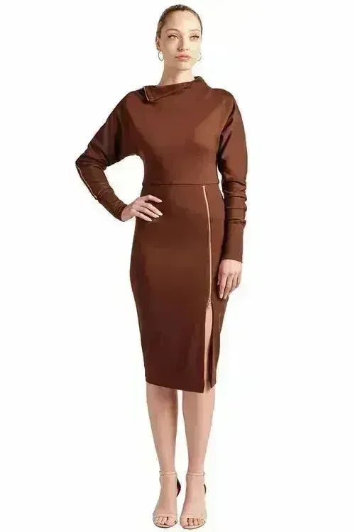Josefa Asymmetric Convertible Midi Dress - Gold Zipper Detail