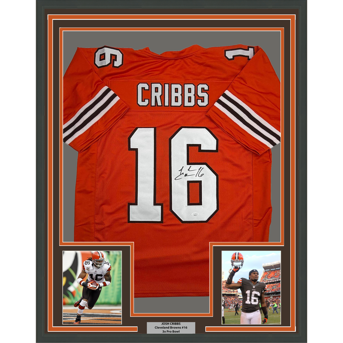 Framed Autographed/Signed Josh Cribbs 35x39 Cleveland Football Orange Jersey JSA COA