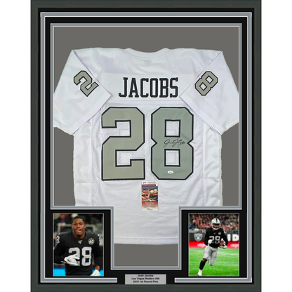 Framed Autographed/Signed Josh Jacobs 35x39 Las Vegas Oakland Color Rush Football Jersey Beckett BAS COA