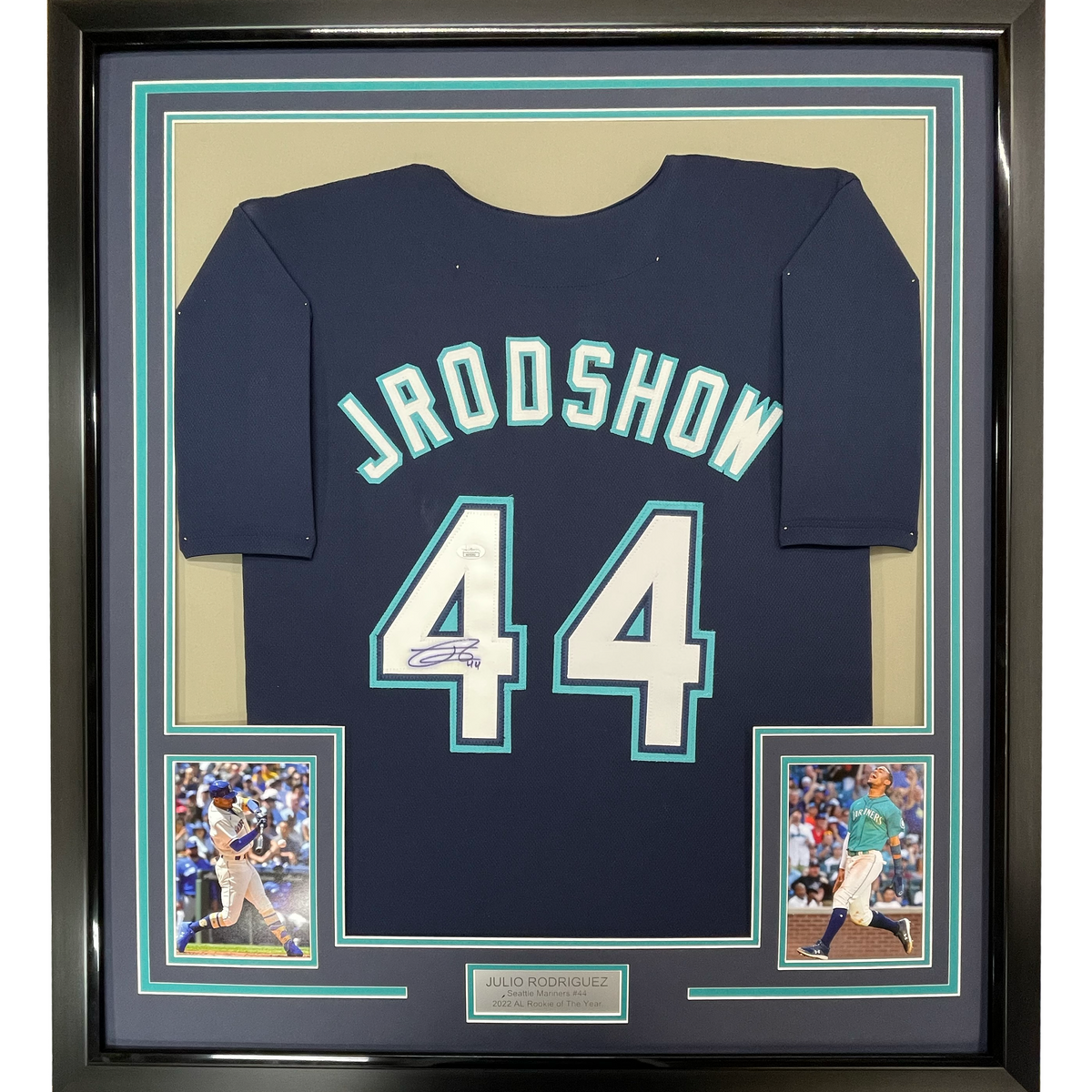 Framed Autographed/Signed Julio Rodriguez 35x39 JRodShow Seattle Blue Baseball Jersey JSA COA