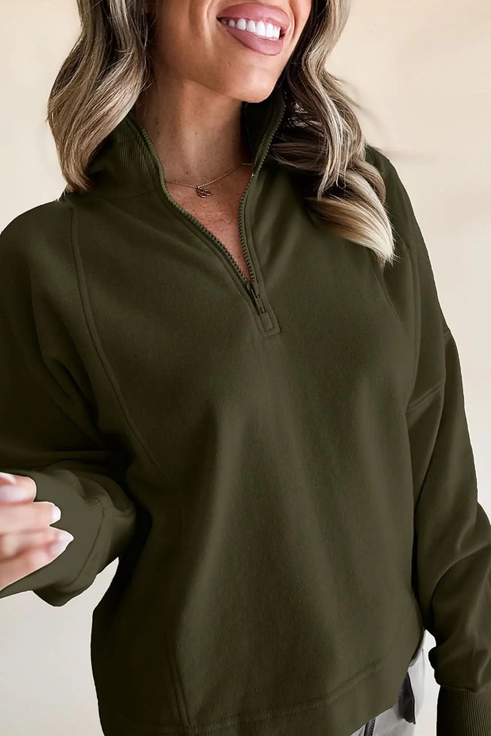 Love Salve Women's Drop Shoulder Sweatshirt Green Zip — Casual Comfort
