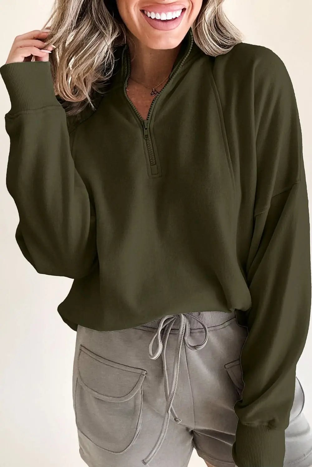 Love Salve Women's Drop Shoulder Sweatshirt Green Zip — Casual Comfort