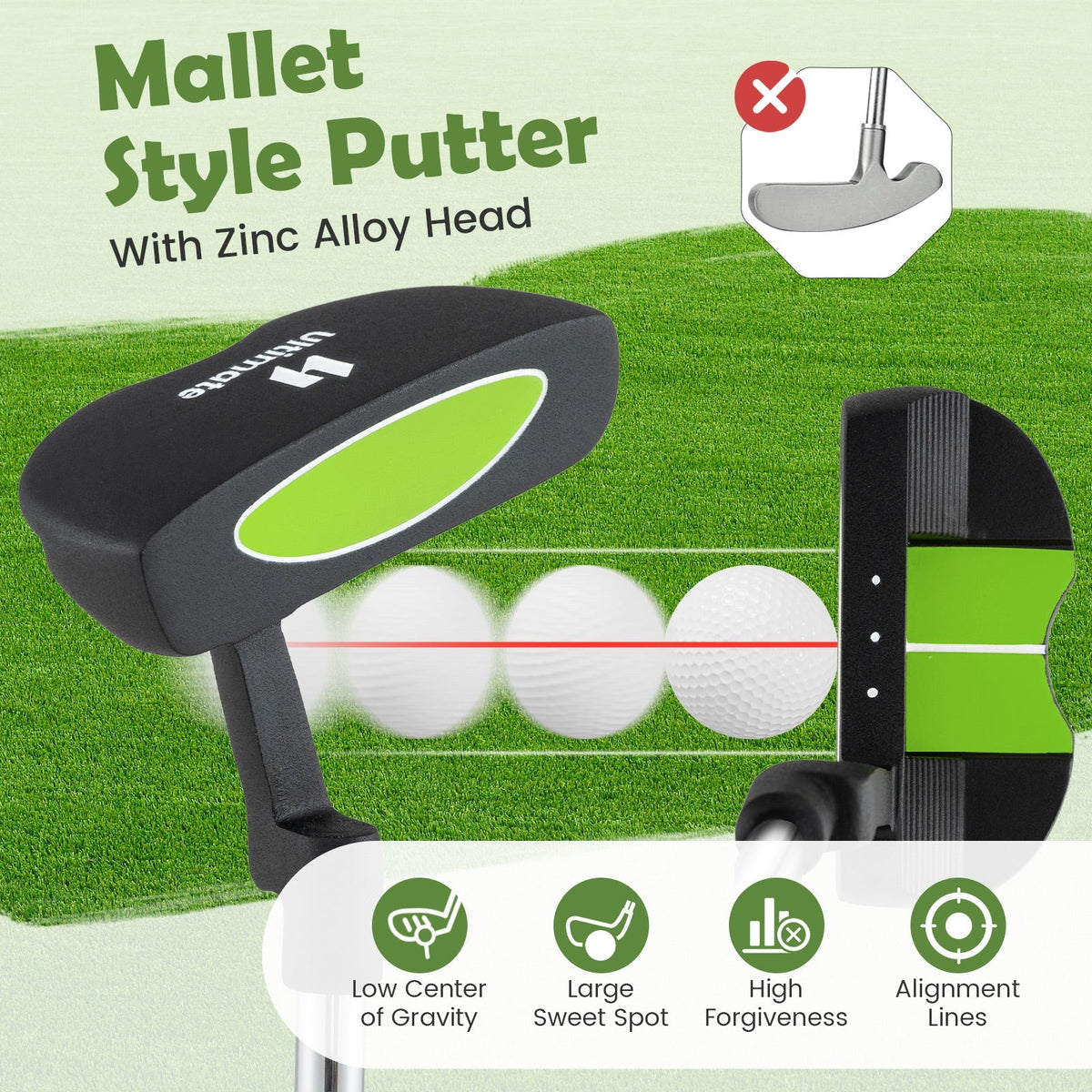 Junior Mallet Putter Individual Gold Club for 8-10 years old Kids