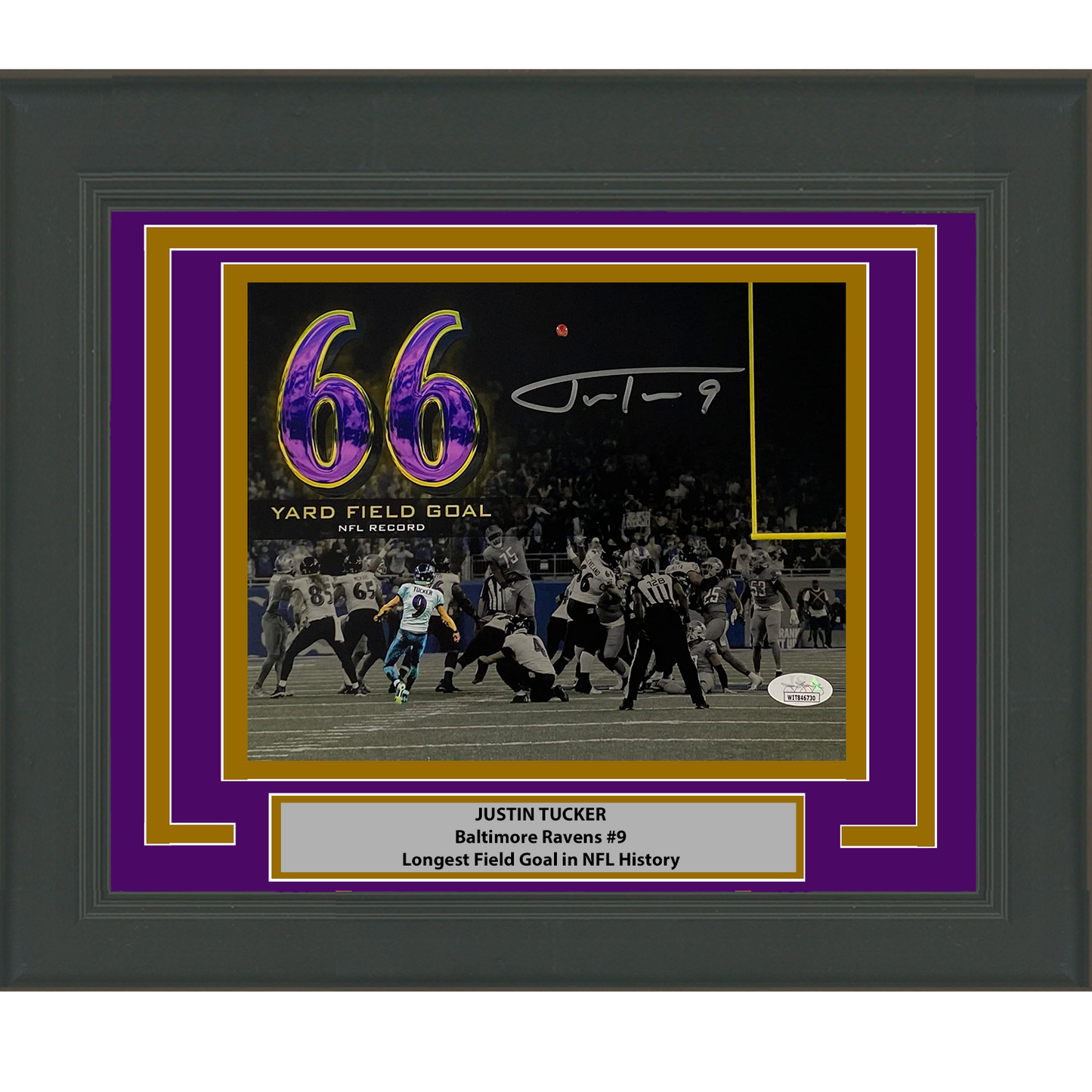Framed Autographed/Signed Justin Tucker Baltimore Ravens 66 Yd GW FG 8x10 Football Photo JSA COA