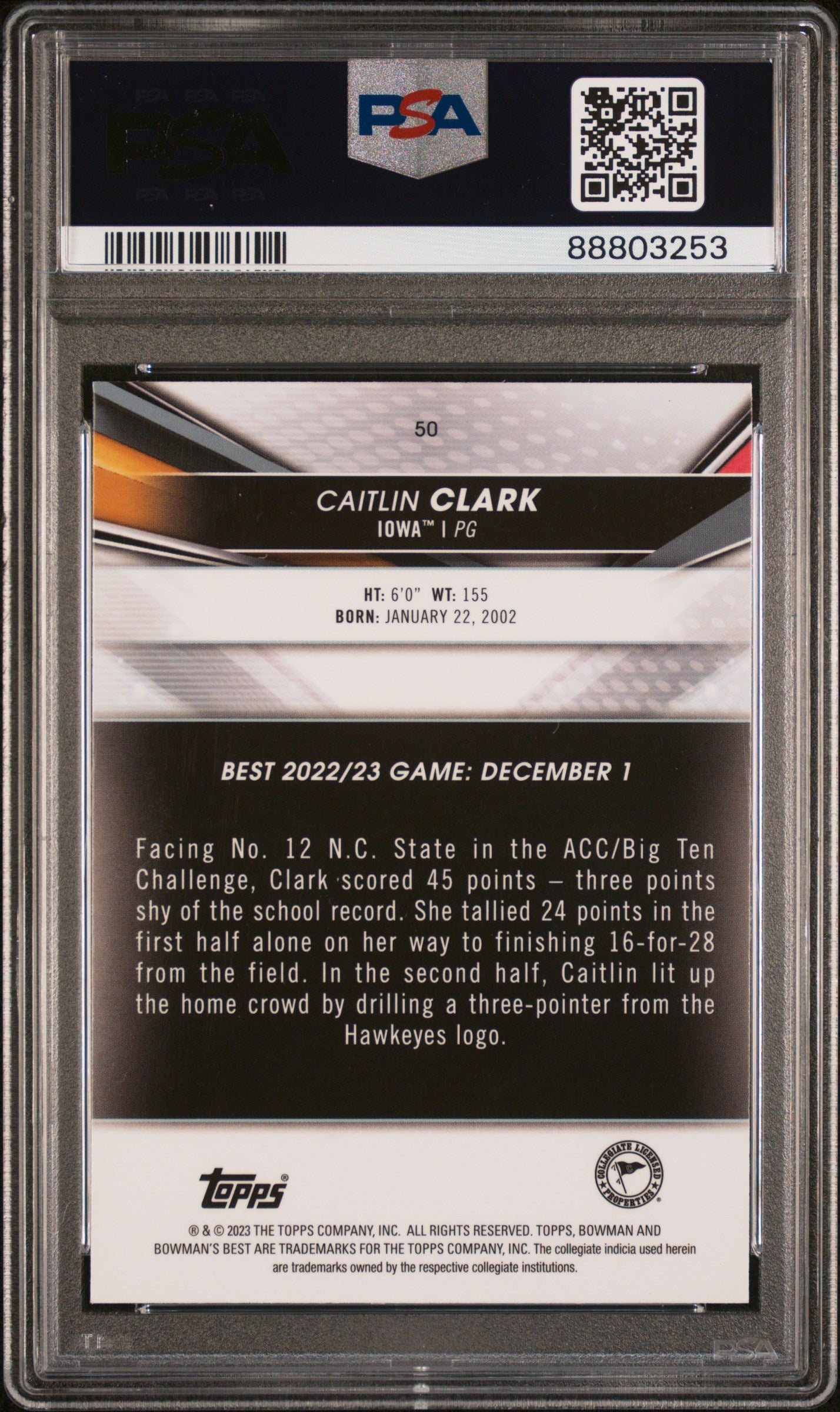 Graded 2022 Topps Bowman University Best Caitlin Clark #50 Rookie RC Basketball Card PSA 8 Near Mint