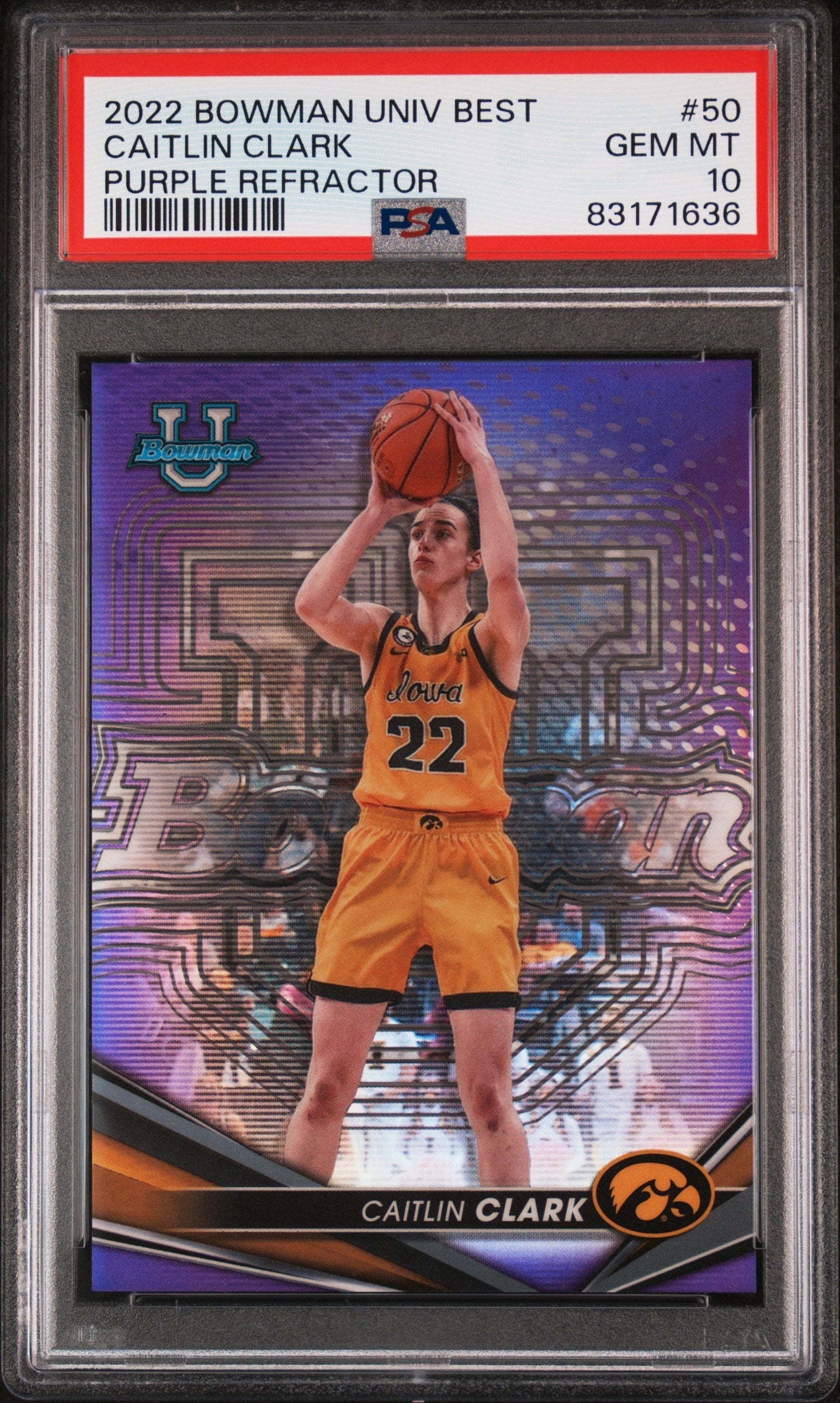 Graded 2022 Topps Bowman University Best Caitlin Clark #50 Purple Refractor #/250 Rookie RC Basketball Card PSA 10 Gem Mint