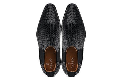 CALTO - K30521 - 3.3 Inches Taller (Black) - Woven Slip-On High-Top Chelsea Ankle Boots