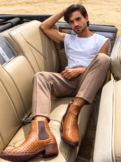 CALTO - K30522 - 3.3 Inches Taller (Brown) - Woven Chelsea High-Top Slip-On Ankle Boots