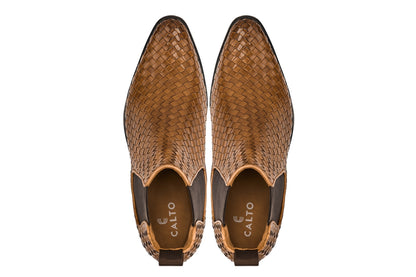 CALTO - K30522 - 3.3 Inches Taller (Brown) - Woven Chelsea High-Top Slip-On Ankle Boots