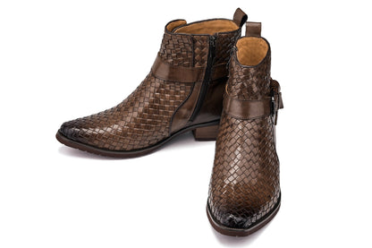 CALTO - K30525 - 3.3 Inches Taller (Coffee Brown) - Woven High-Top Buckle Zipper Ankle Boots