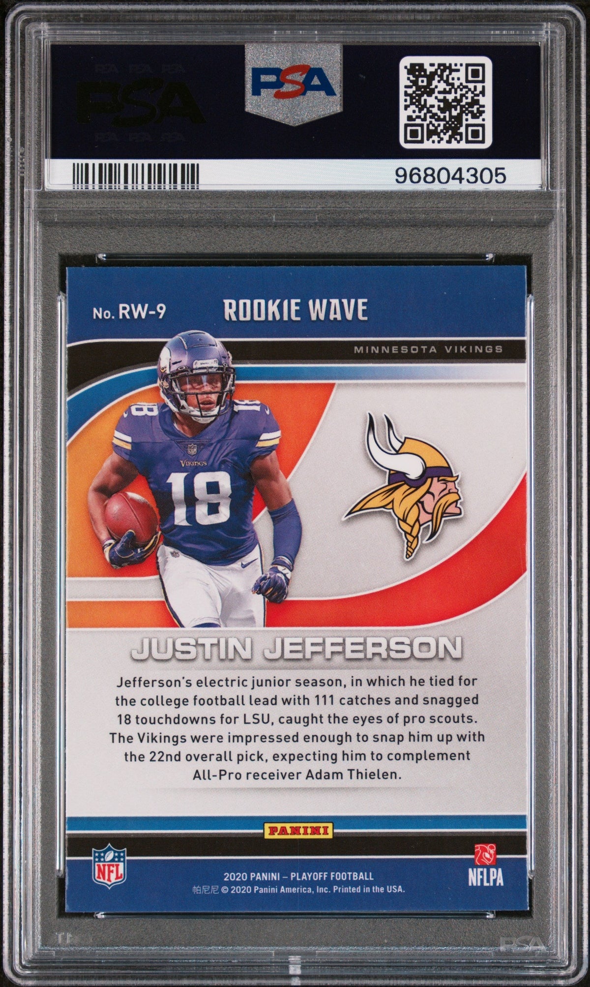Graded 2020 Panini Playoff Justin Jefferson #RW9 Rookie Wave Rookie RC Football Card PSA 10 Gem Mint
