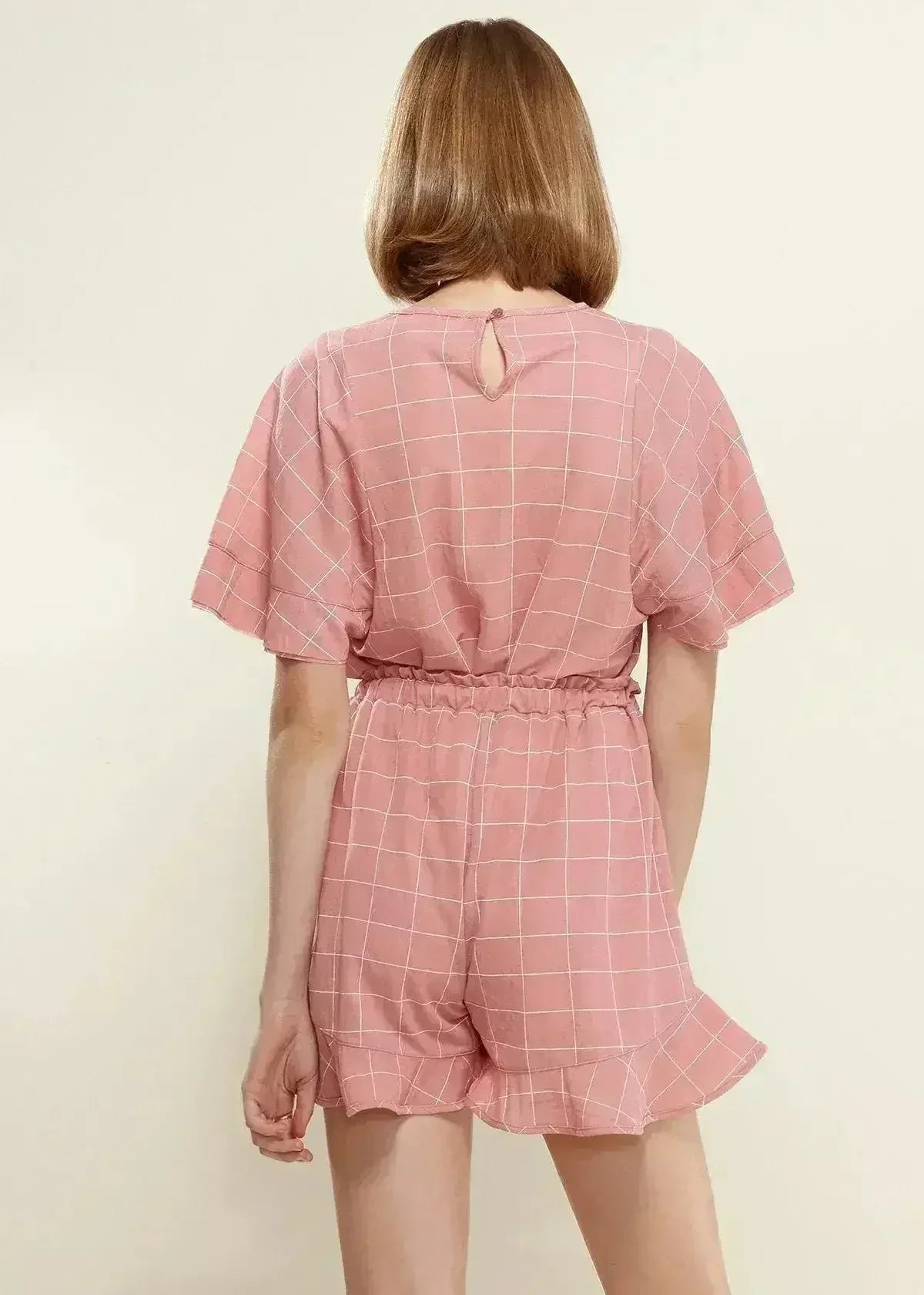 Women's Grid Print Crew Neck Blouse in Pink | Femstylo