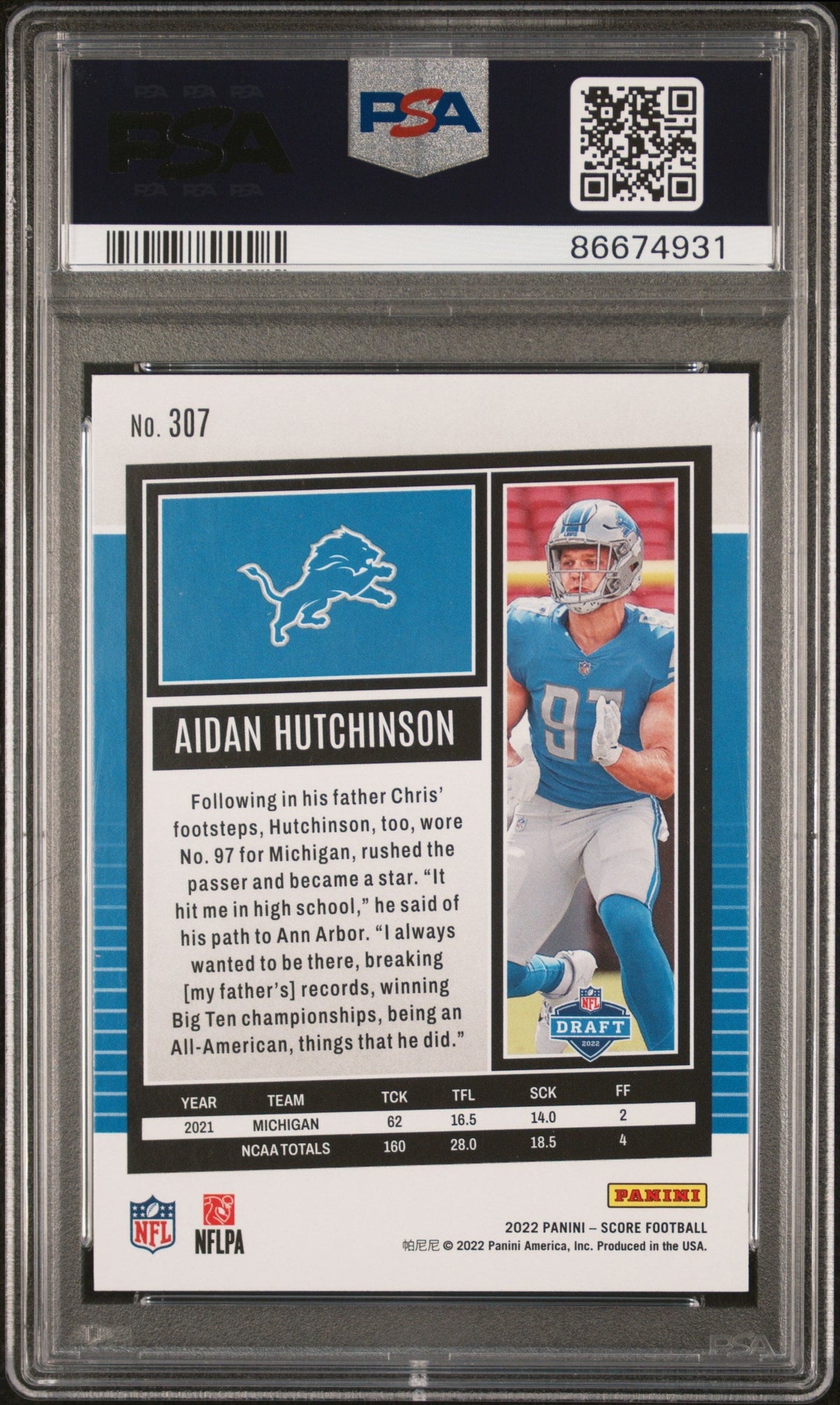 Graded 2022 Panini Score Aidan Hutchinson #307 Rookie RC Football Card PSA 8 Near Mint