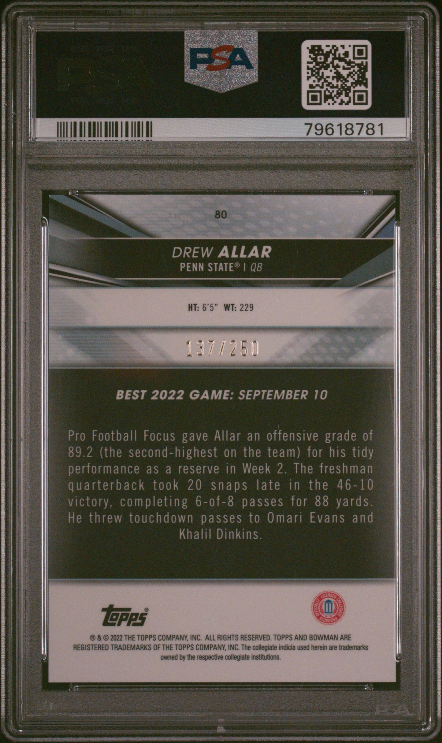 Graded 2022 Topps Bowman Best University Drew Allar #80 Purple Refractor /250 Rookie RC Football Card PSA 10 Gem Mint