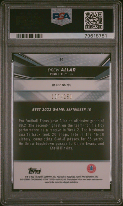 Graded 2022 Topps Bowman Best University Drew Allar #80 Purple Refractor /250 Rookie RC Football Card PSA 10 Gem Mint