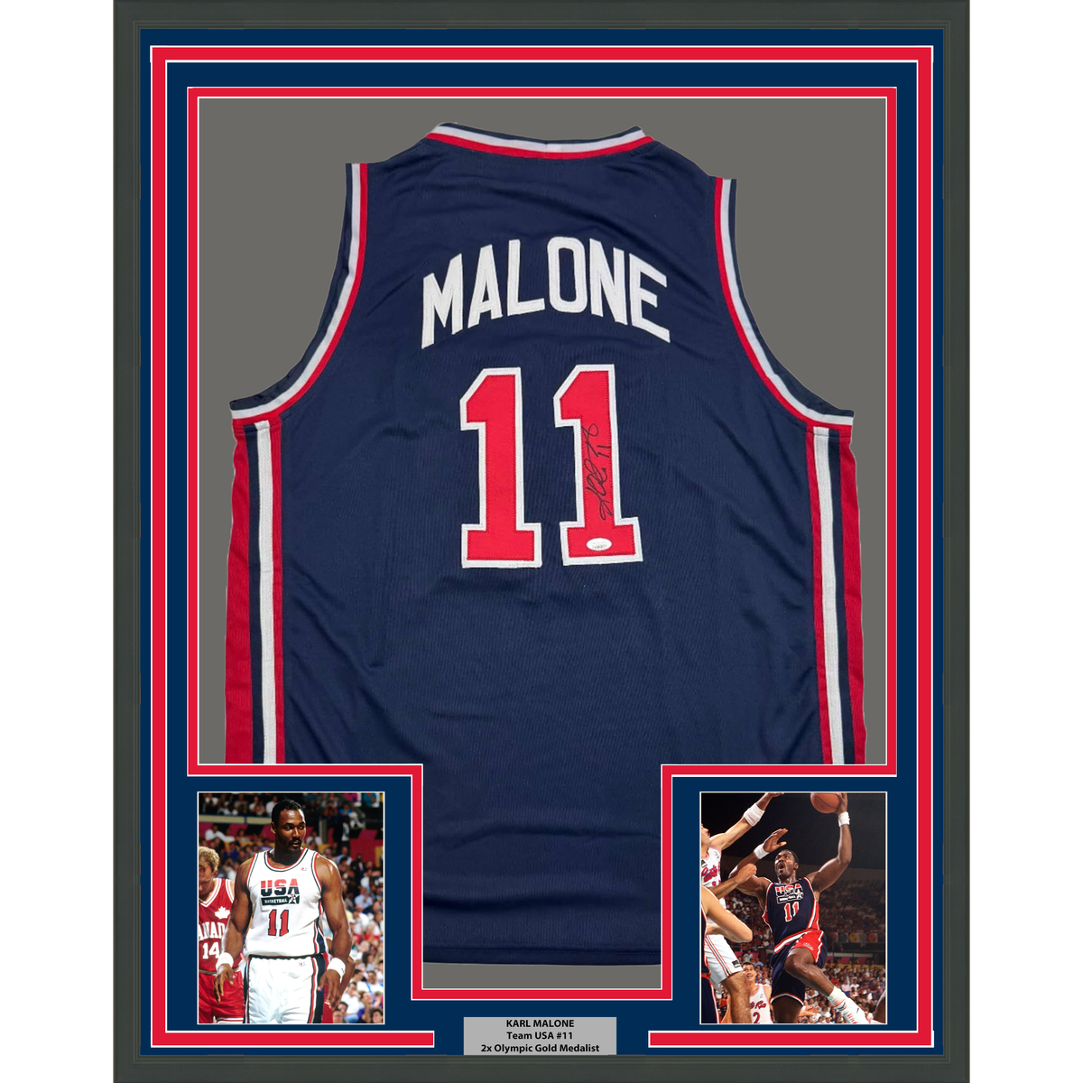Framed Autographed/Signed Karl Malone 35x39 United States USA Blue 1992 Dream Team Basketball Jersey JSA COA