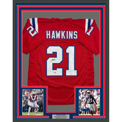 Framed Autographed/Signed Jaylinn Hawkins 35x39 New England Red Football Jersey Beckett BAS COA