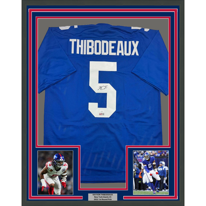Framed Autographed/Signed Kayvon Thibodeaux 35x39 New York Blue Football Jersey JSA COA