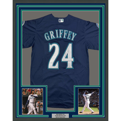 Framed Autographed/Signed Ken Griffey Jr. 35x39 Seattle Blue Baseball Jersey Beckett BAS COA