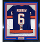 Framed Autographed/Signed Ken Morrow 4x SC Champs 35x39 New York Blue Hockey Jersey JSA COA