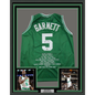 Framed Autographed/Signed Kevin Garnett 35x39 Boston Green Stat Basketball Jersey Beckett BAS COA