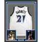 Framed Autographed/Signed Kevin Garnett 35x39 Minnesota White Basketball Jersey JSA COA