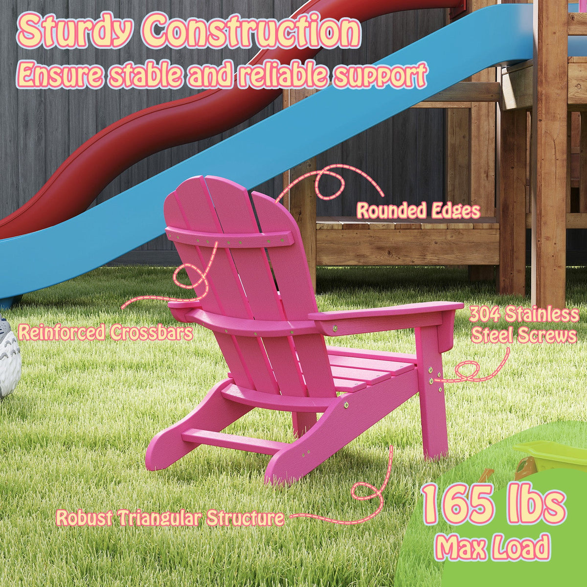 All-Weather HDPE Kid's Adirondack Chair with with High Backrest and Armrests-Pink