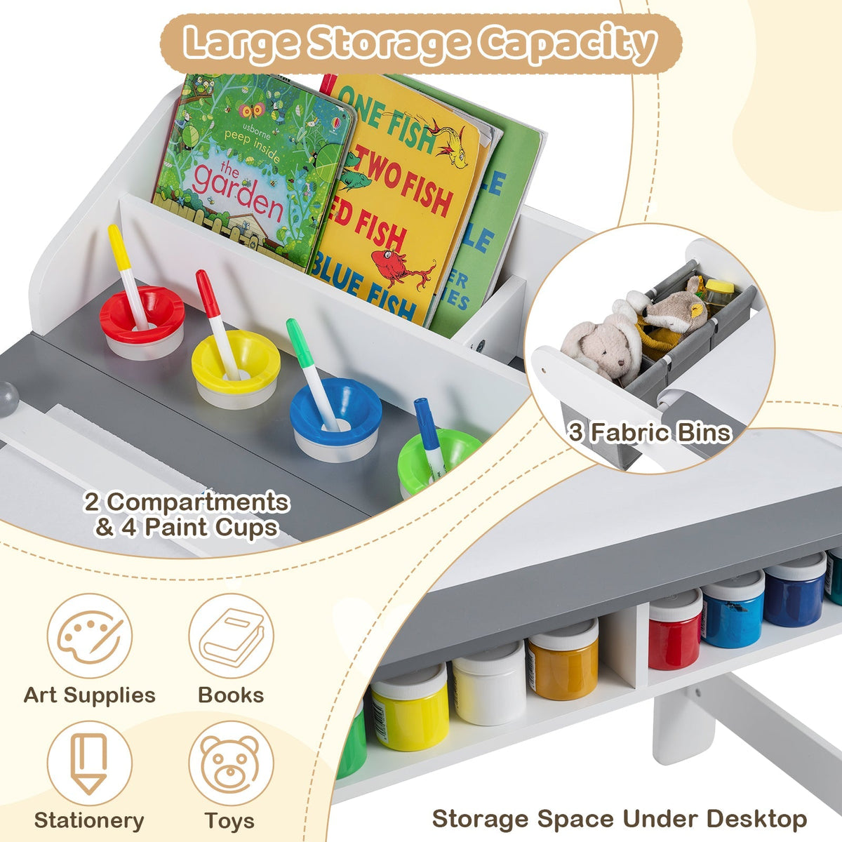 Kids Art Table and Chair with Paper Roll and Fabric Bins for Drawing Reading Studying Playing-Gray