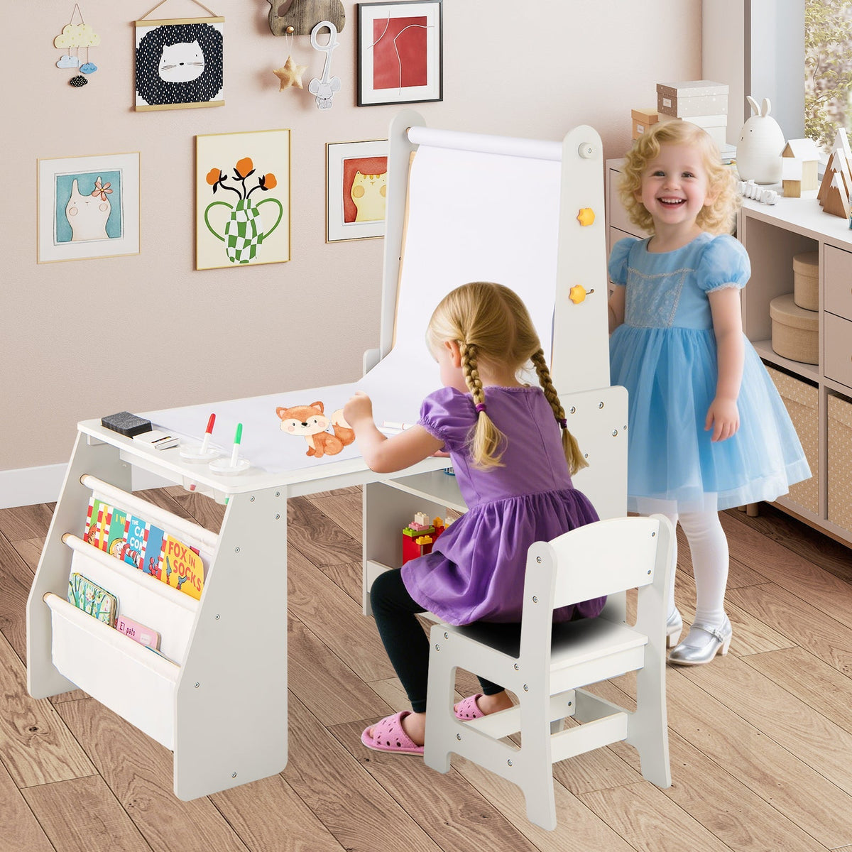 Kids Art Table and Chair Set with Easel and Chair for Drawing Reading