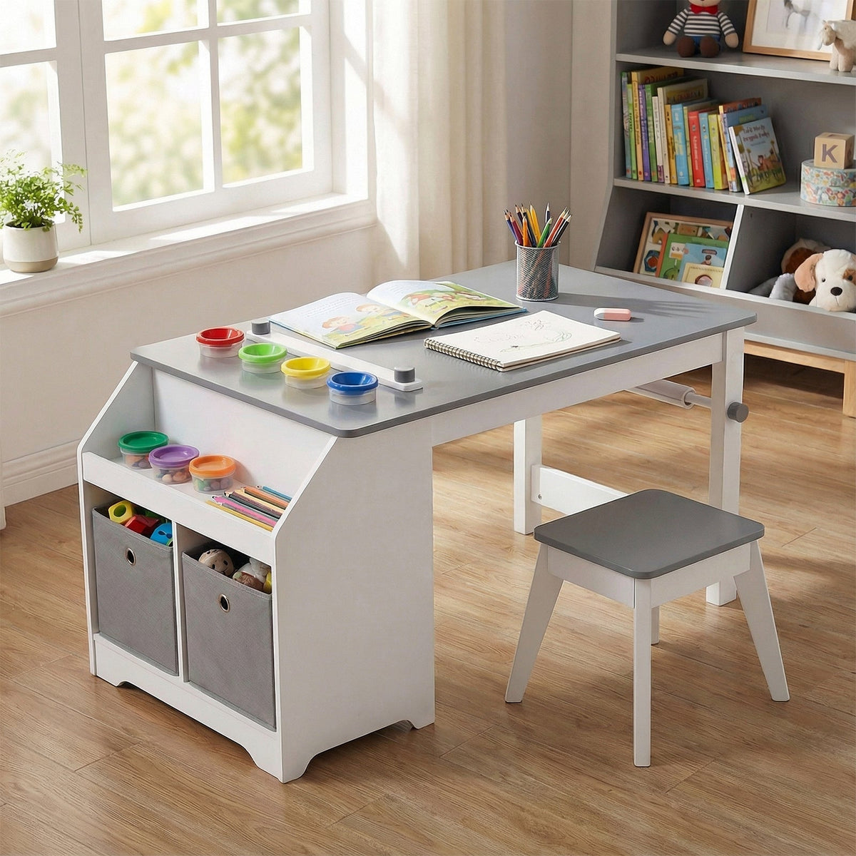 Kids Art Table and Stool Set Toddler Activity Desk with Paper Roll and 4 Paint Cups for Drawing Learning-Gray