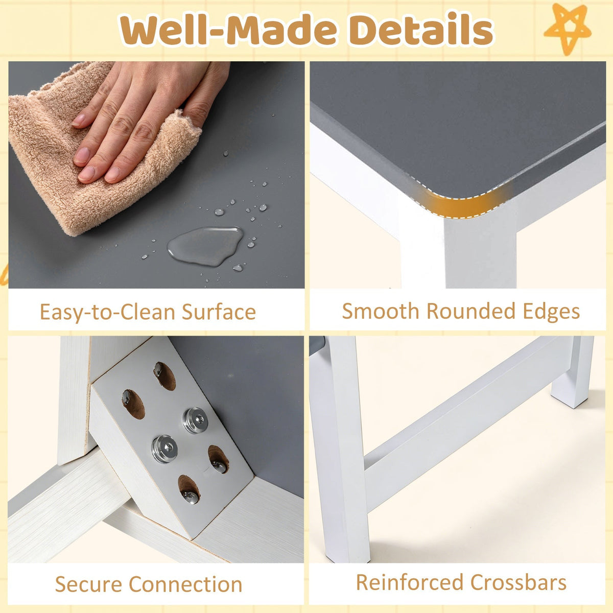 Kids Art Table and Stool Set Toddler Activity Desk with Paper Roll and 4 Paint Cups for Drawing Learning-Gray