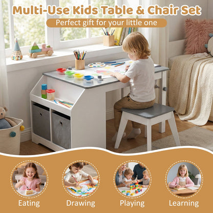 Kids Art Table and Stool Set Toddler Activity Desk with Paper Roll and 4 Paint Cups for Drawing Learning-Gray
