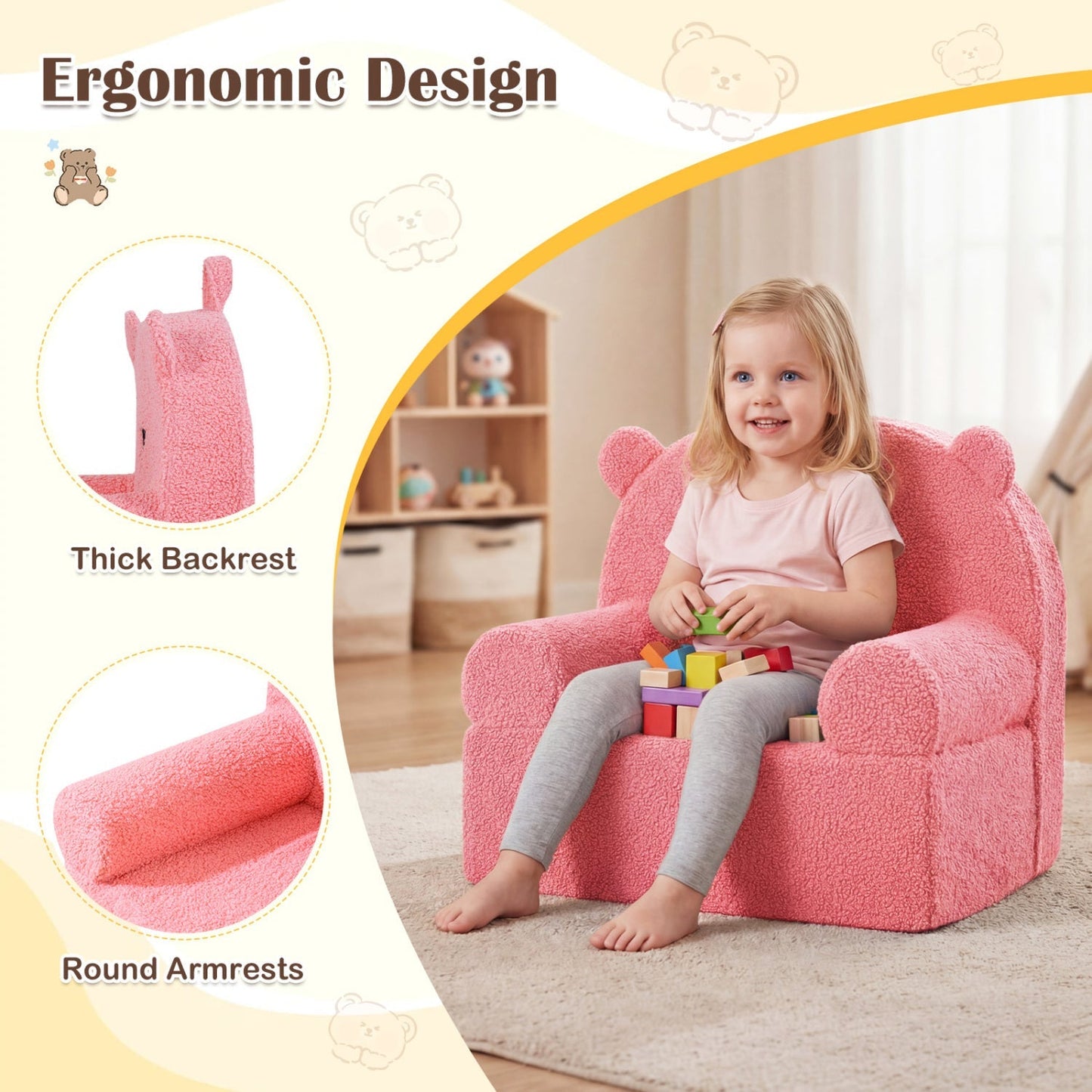 Kids Bear Sofa Toddler Foam Couch with Soft Fleece Fabric Cover