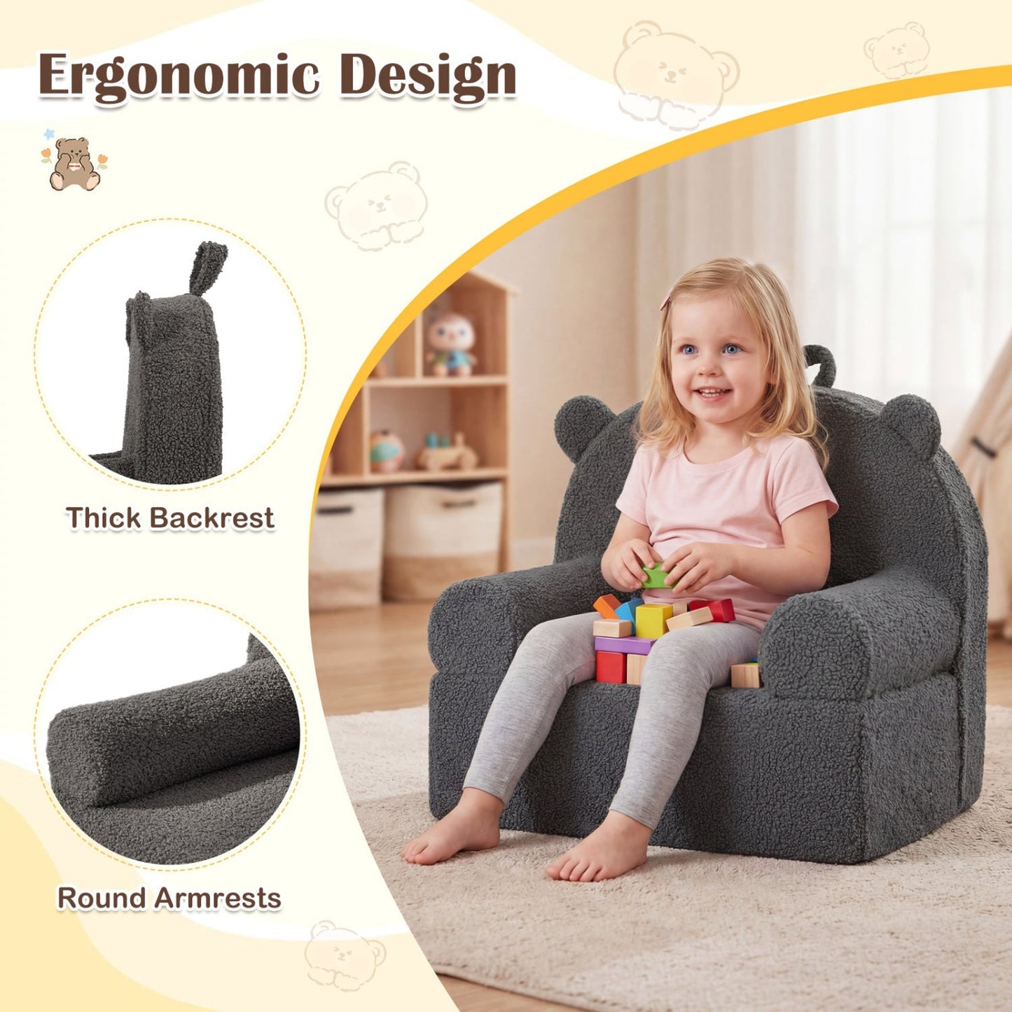 Kids Bear Sofa Toddler Foam Couch with Soft Fleece Fabric Cover