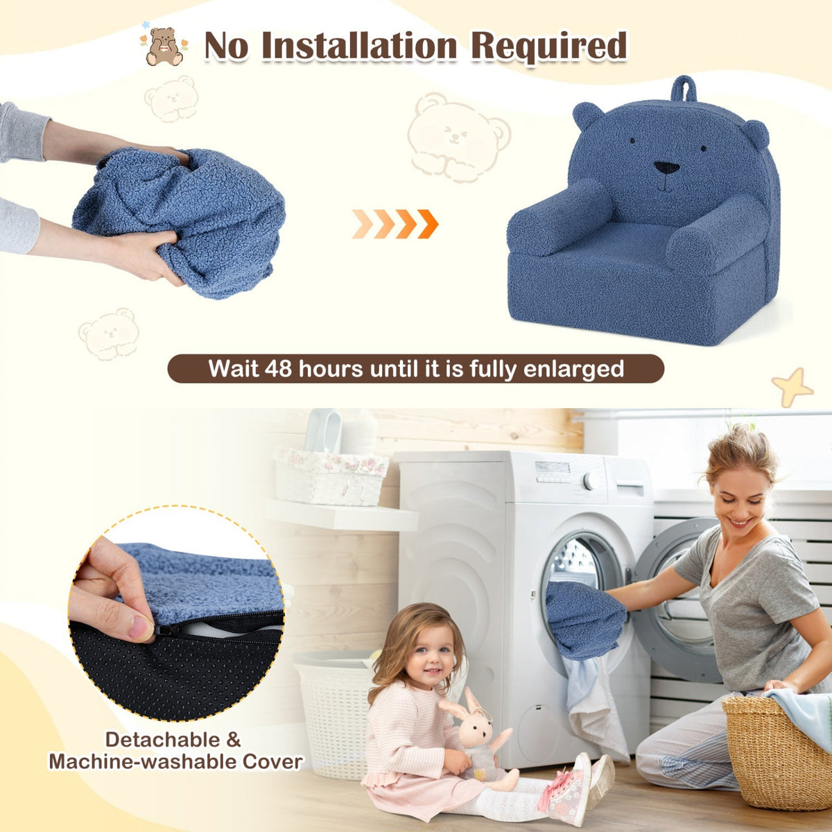 Kids Bear Sofa Toddler Foam Couch with Soft Fleece Fabric Cover