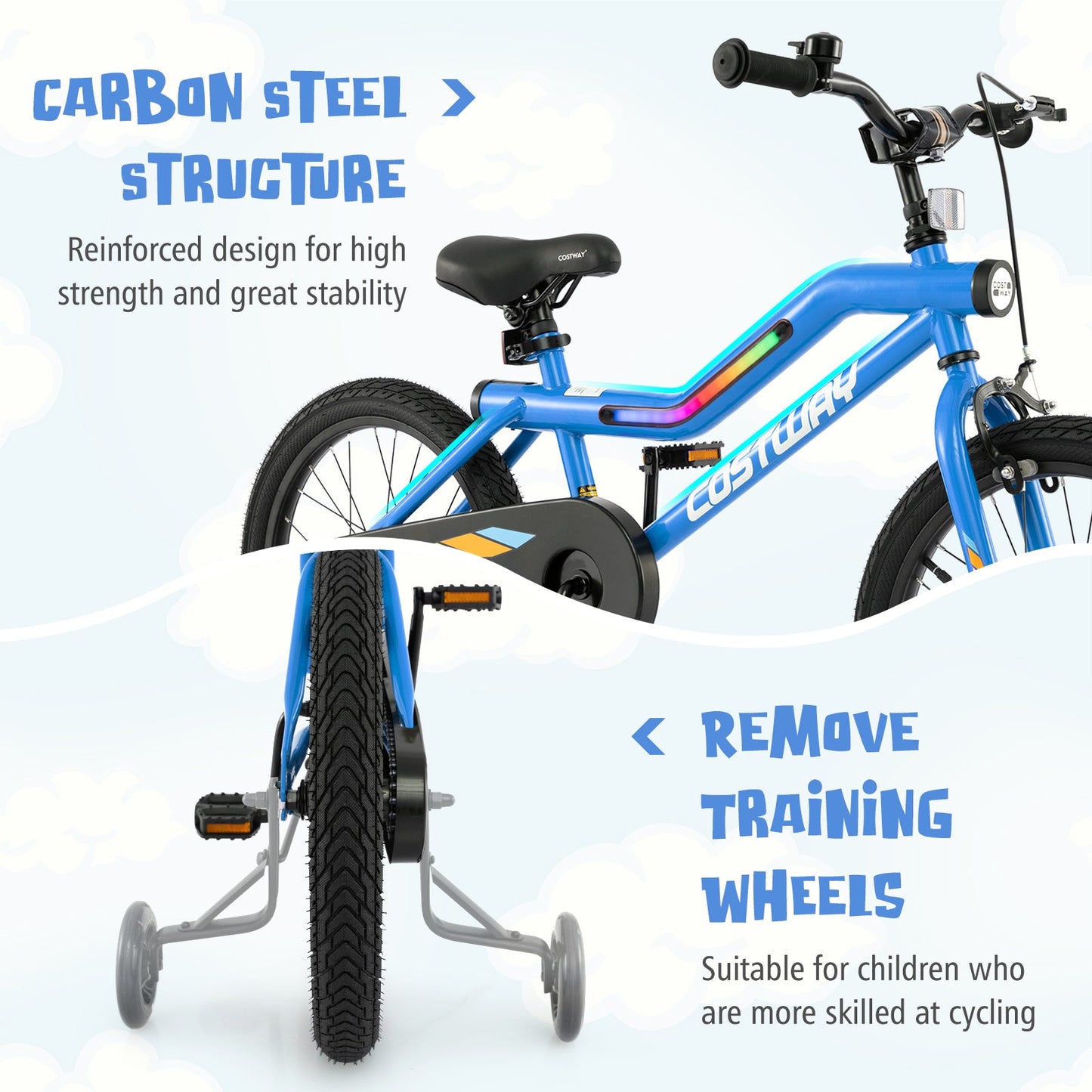 18 Inch Kids Bike LED Lighted Adjustable with Training Wheels for 4-8 Years Old Kids-18 inches